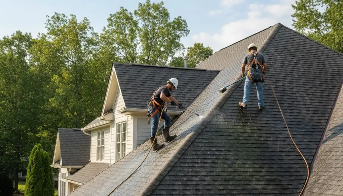 Jacksonville, FL roof cleaning service removing algae, moss, and grime from a home roof